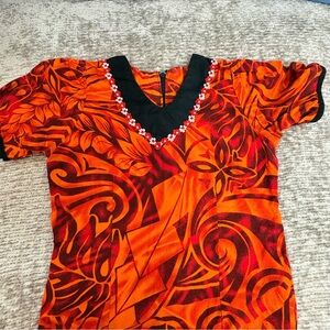 Vintage Hawaiian Print Youth Handmade Vibrant Orange and Black Patterned Dress
